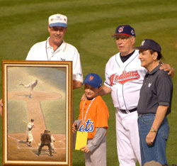 Gregory Perillo presenting painting to Bob Feller